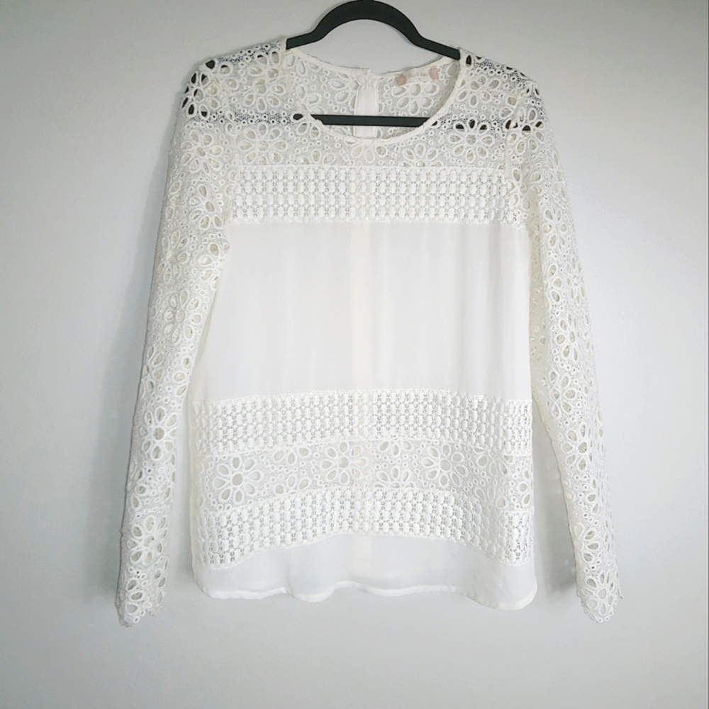 M Altar'd State Cream Lace Eyelet Semi Sheer Button Back Top